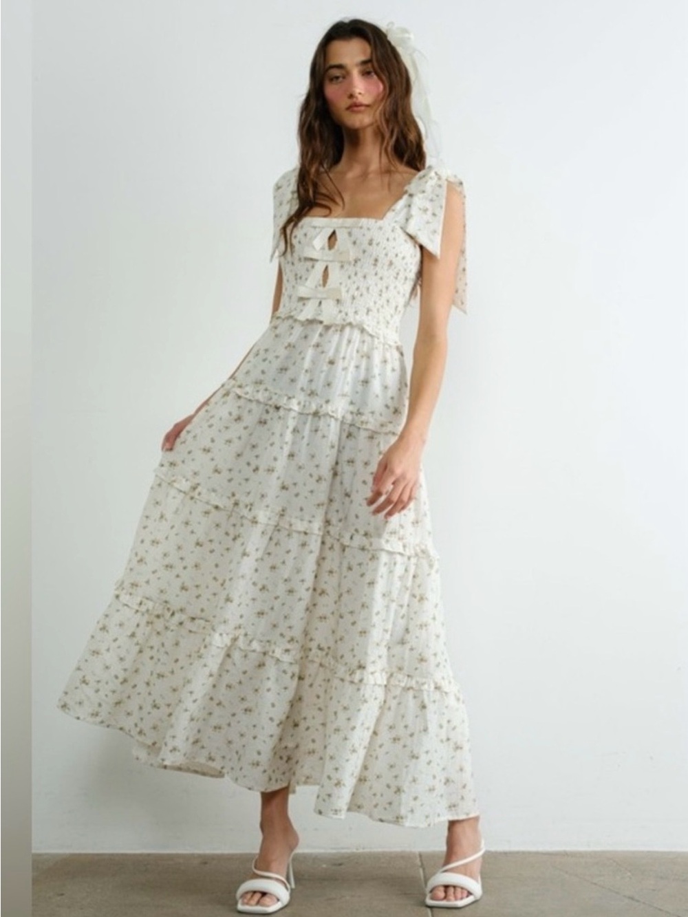 Ivory Floral Tie-Shoulder Maxi Dress
